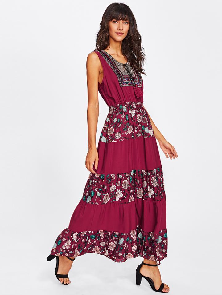 Shein Contrast Floral Print Tiered Fringe Tie Maxi Dress