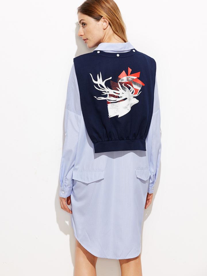 Shein Blue Vertical Striped Curved Hem Shirt Dress With Shawl