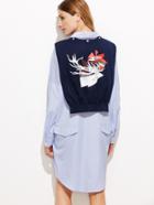 Shein Blue Vertical Striped Curved Hem Shirt Dress With Shawl