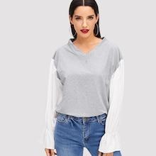 Shein Contrast Sleeve V Neck Sweatshirt