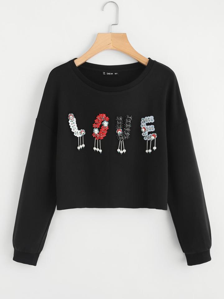 Shein Pearl Beading Flower Applique Raw Hem Sweatshirt