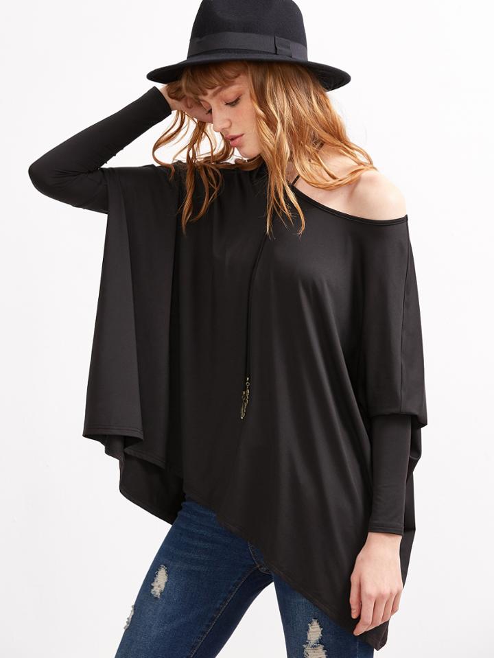 Shein Black Boat Neck Oversized Dolman Sleeve T-shirt