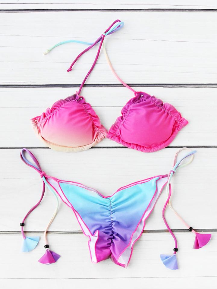 Shein Ombre Frill Trim Side Tie Bikini Set