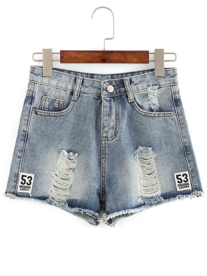 Shein Number Patch Frayed Denim Shorts