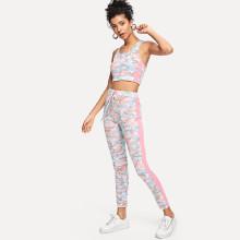 Shein Crisscross Back Camo Tank Top And Drawstring Pants Set
