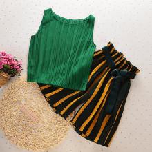 Shein Girls Plain Vest And Striped Wide Leg Pants With Belt