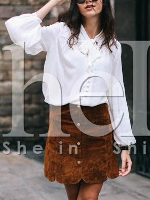 Shein Beige Tie Neck Puff Sleeve Blouse