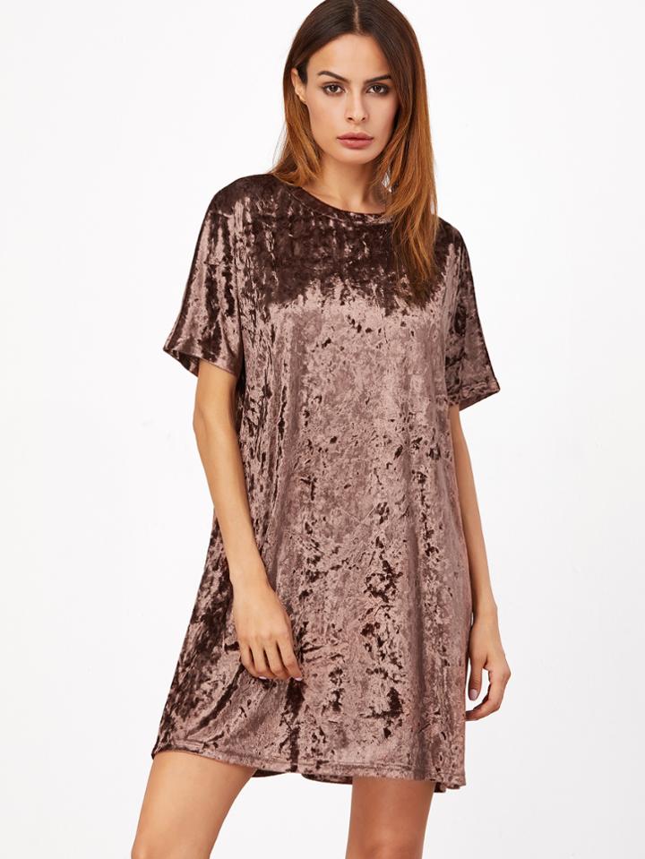 Shein Brown Short Sleeve Velvet Shift Dress