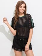 Shein Printed Strap Applique Striped Mesh Tee & Shorts Set