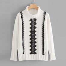 Shein Contrast Lace Trim Chenille Sweater
