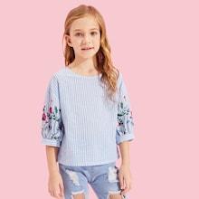 Shein Girls Flower Print Striped Top