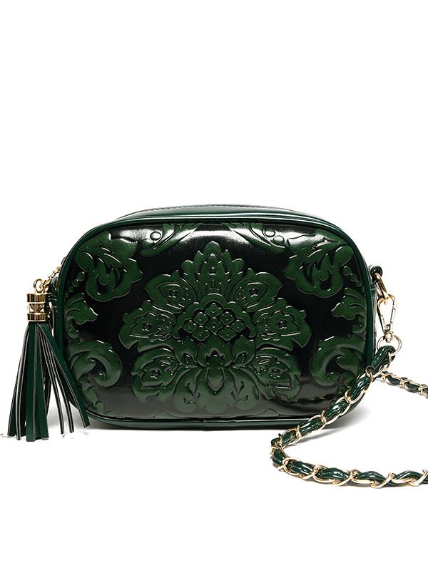 Shein Flower Embossed Tassel Zip Chain Strap Bag - Green