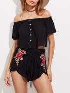 Shein Buttoned Bardot Top And Embroidered Rose Patch Wrap Shorts Set