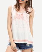 Shein White Embroidered Criss Cross Back Tank Top