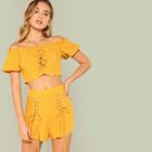 Shein Grommet Lace Up Bardot Top & Shorts Co-ord
