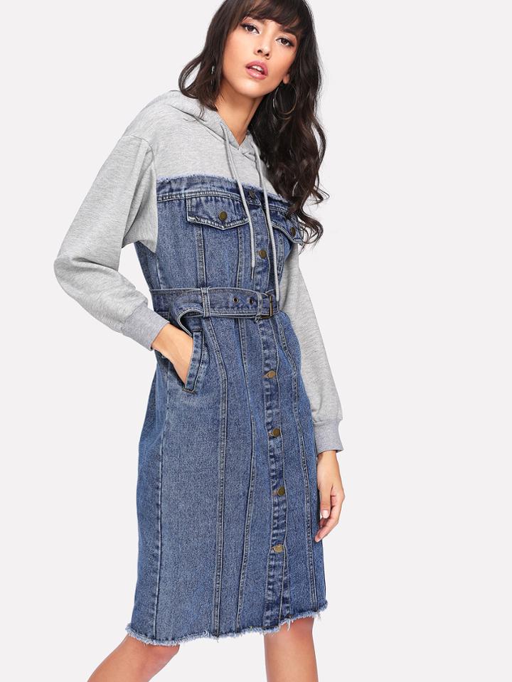 Shein Denim Panel Self Tie Waist Hooded Dress