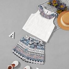 Shein Girls Keyhole Back Eyelet Embroidered Top & Shorts Set