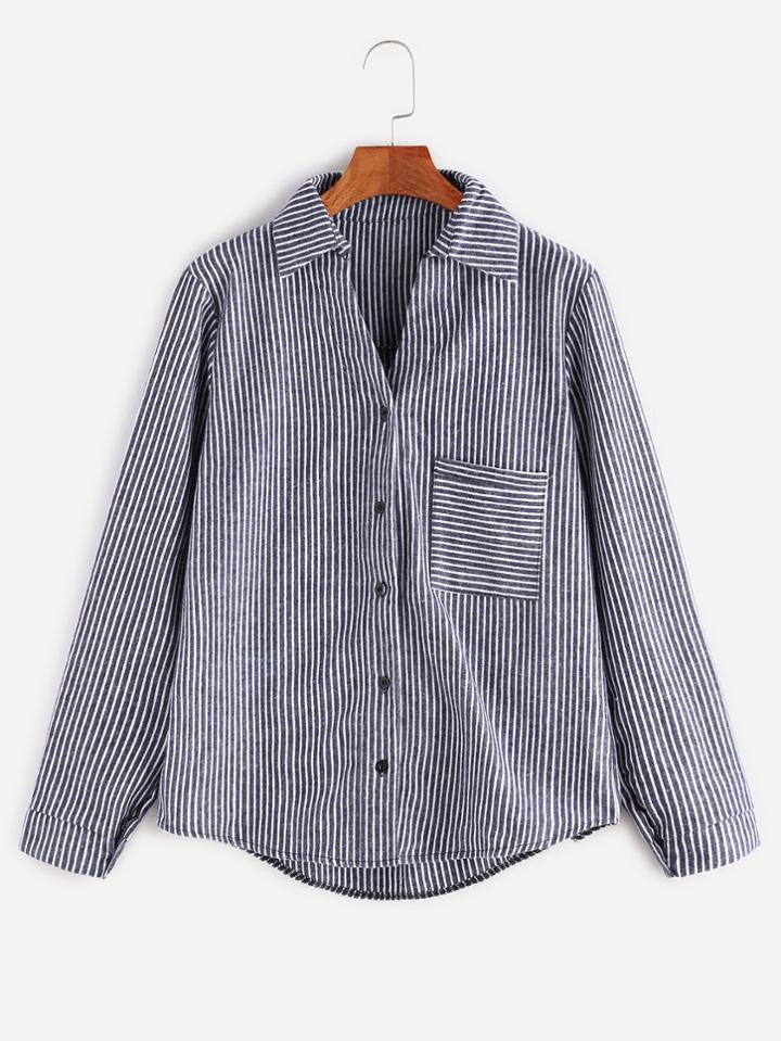 Shein Navy Pinstripes High Low Shirt With Pocket