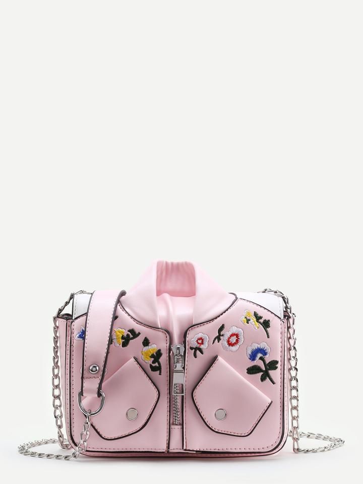 Shein Baseball Jacket Shaped Chain Bag With Flower Embroidery