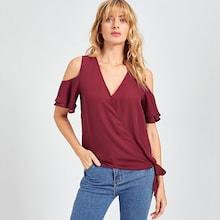 Shein Layered Sleeve Cold Shoulder V Neck Wrap Top