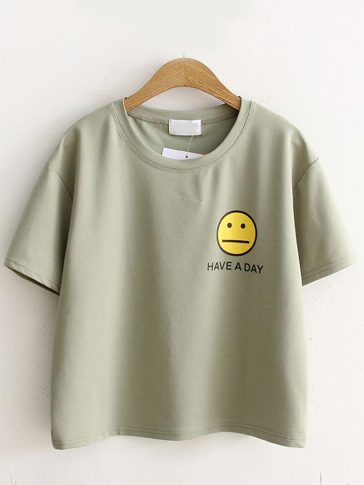 Shein Green Emoji And Letter Print T-shirt