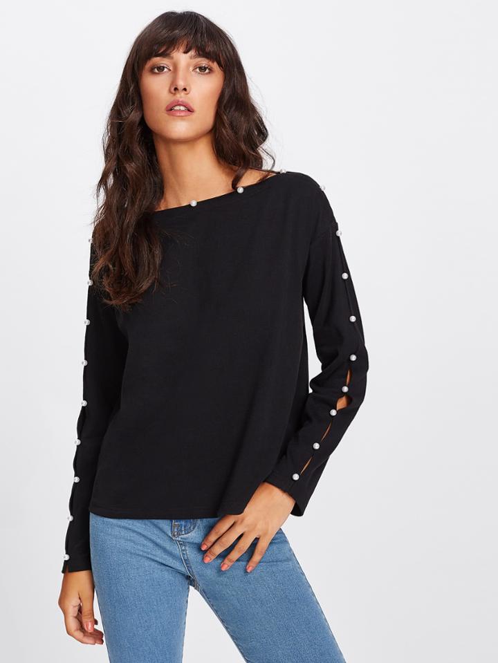 Shein Pearl Embellished Split Sleeve Tee