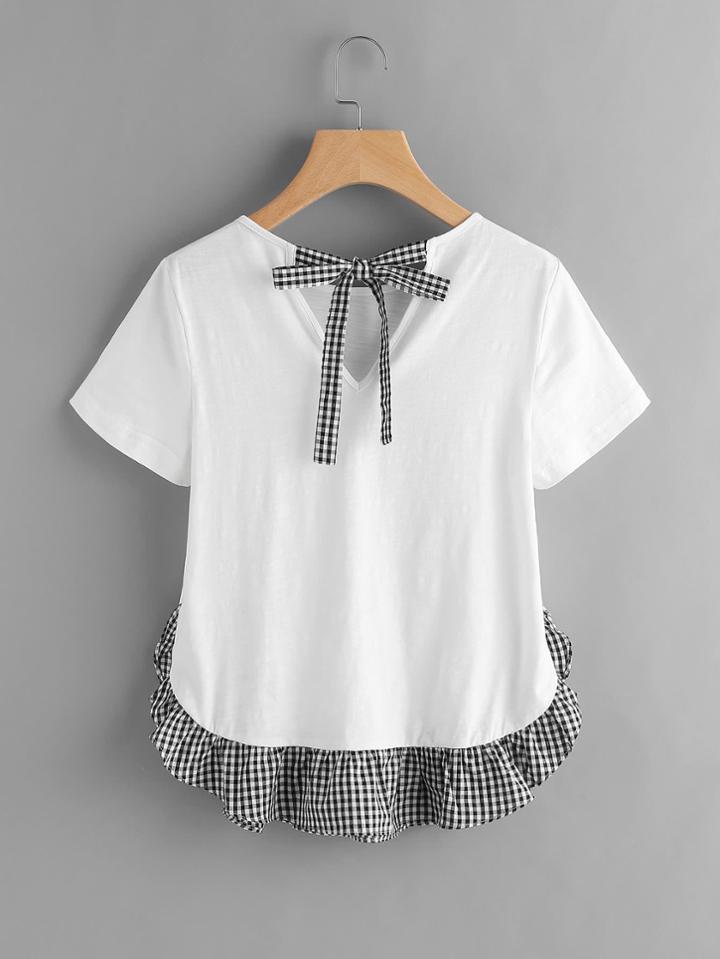 Shein Checkered Bow Back And Ruffle Trim Slub T-shirt