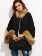 Shein Black Faux Fur Trim Oversized Collarless Coat