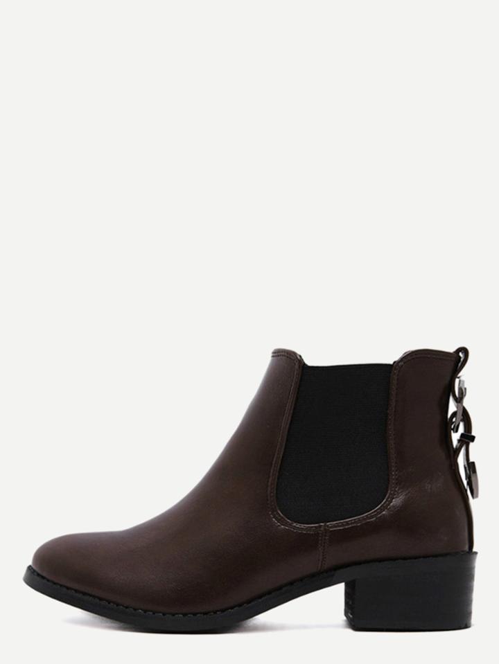 Shein Brown Faux Leather Almond Toe Elastic Buckle Strap Boots