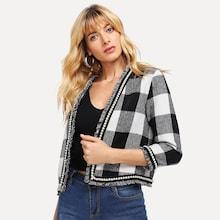 Shein Pearl Beaded Frayed Edge Tweed Coat