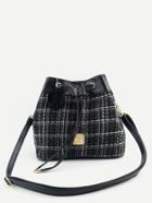 Shein Black Plaid Random Color Pom Pom Drawstring Bucket Bag