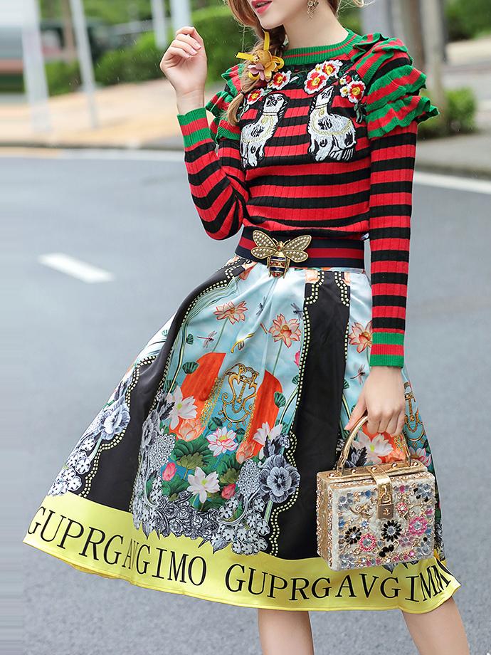 Shein Multicolor Knit Striped Ruffle Top With Print Skirt