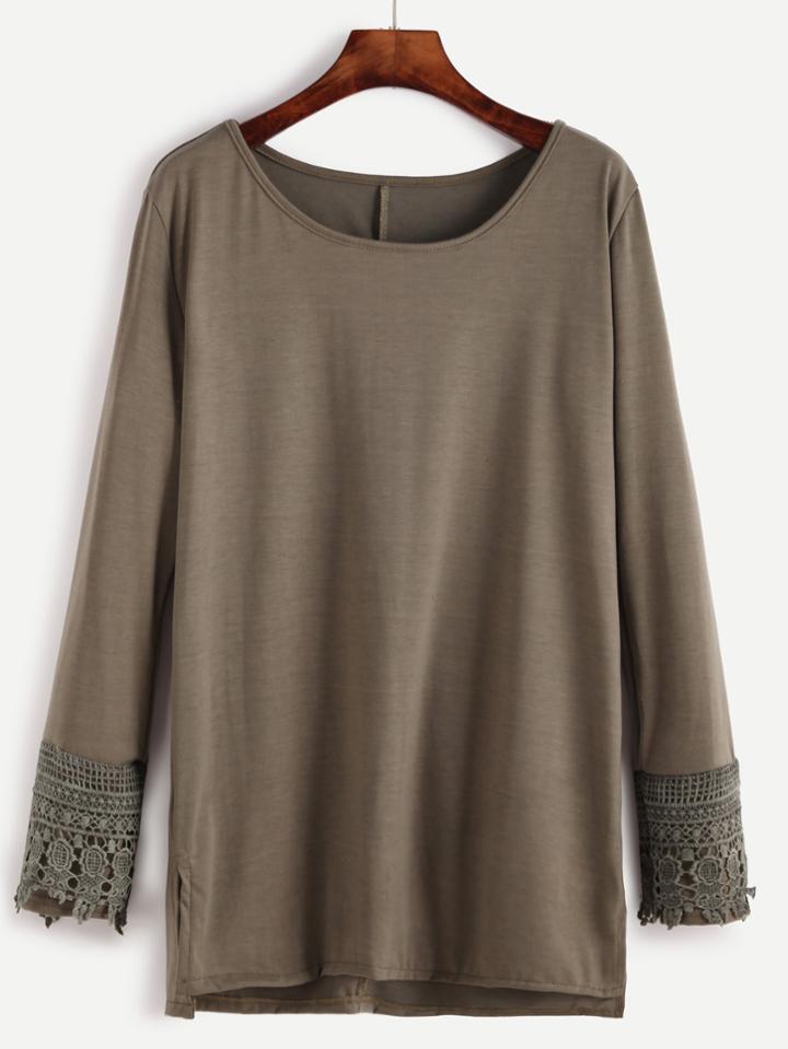 Shein Olive Green Contrast Crochet Cuff Slit Side T-shirt