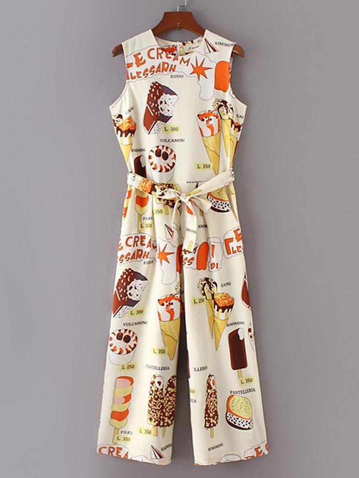 Shein Ice Cream Print Sleeveless Jumpsuit With Self Tie