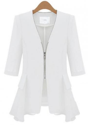 Rosewe Chic Half Sleeve Solid White Coat With Zipper
