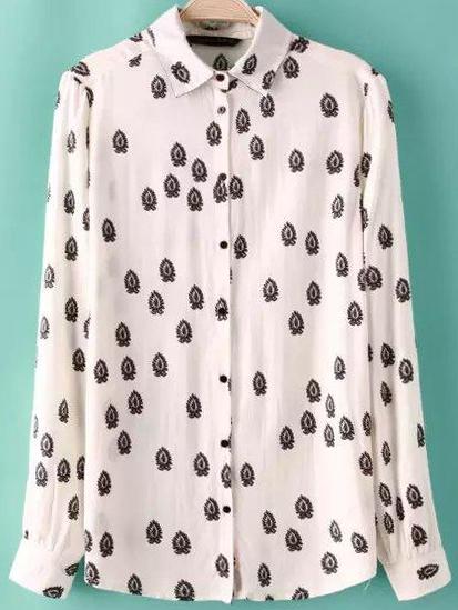 Shein White Lapel Long Sleeve Cashew Print Blouse