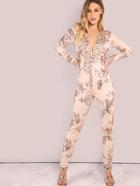 Shein Plunging Scallop V Neckline Floral Sequin Skinny Jumpsuit Rose Gold