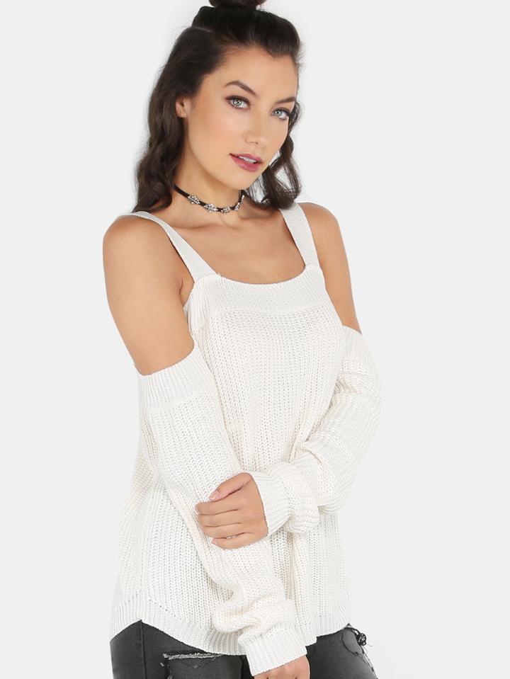 Shein Sleeved Cold Shoulder Knitted Top Ivory