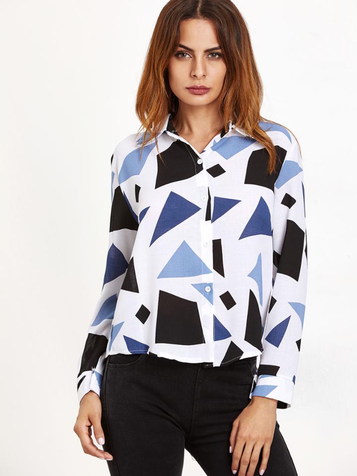 Shein White Patchwork Curved Hem Blouse