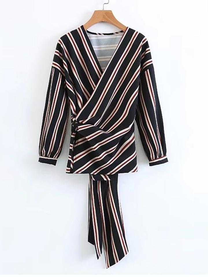 Shein Tie Back Striped Wrap Blouse