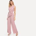 Shein Notch Collar Self Belted Top And Wide Leg Pants Set