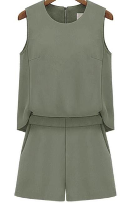 Shein Army Green Round Neck Sleeveless Zipper Jumpsuit