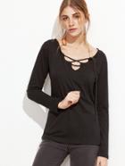 Shein Black V Neck Lace Up T-shirt