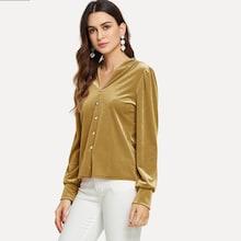 Shein Button Front V-neck Velvet Blouse