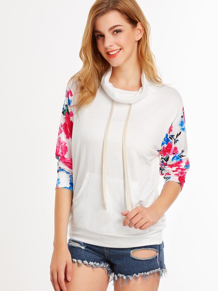 Shein White Contrast Florals Sleeve Cowl Neck Pocket Sweatshirt
