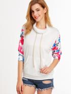 Shein White Contrast Florals Sleeve Cowl Neck Pocket Sweatshirt