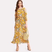 Shein Ruffle Cold Shoulder & Hem Floral Dress