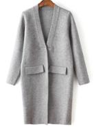 Shein Grey Ribbed Neck Hidden Button Loose Cardigan With Fake Pockets