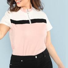 Shein Plus O-ring Zip Half Placket Colorblock Tee