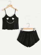 Shein Emoji Print Cami And Ruffle Shorts Pajama Set